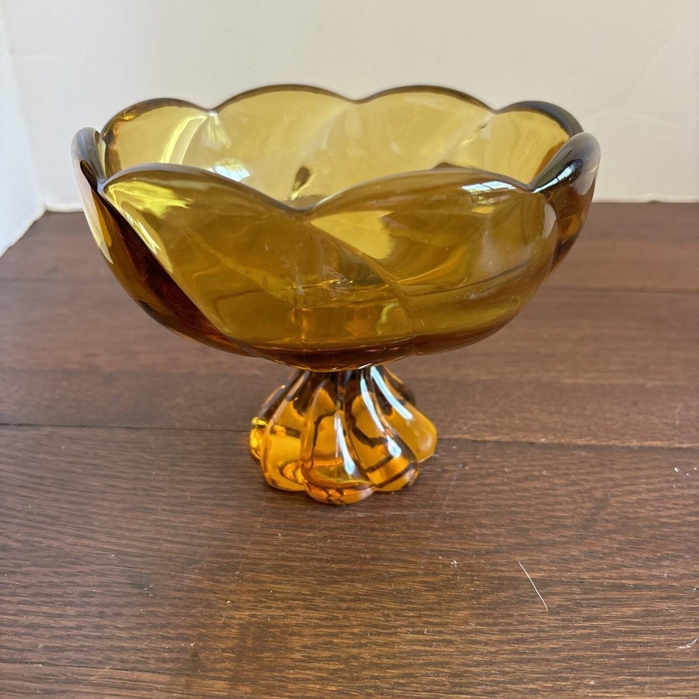MCM 1960s Viking Glass Amber Compote 8-petal Twisted Swirl Footed Pedestal 5.25"